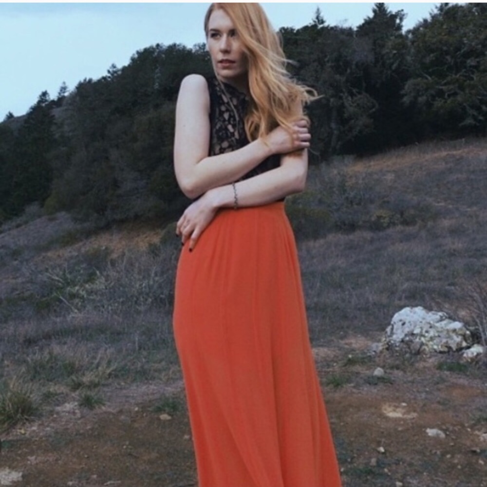 Statement High Waist Maxi Skirt Coral Red - Picture 3 of 8